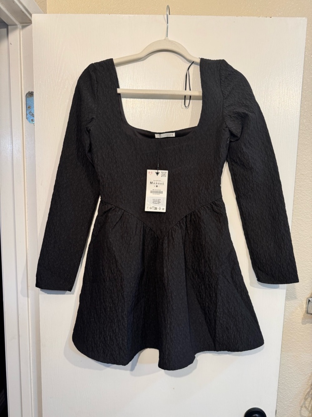 Black Textured Long Sleeve Fit-and-Flare Dress